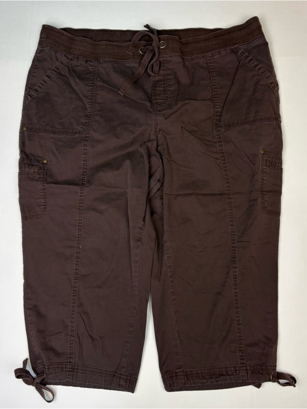 Cato Women 18W 20W Capri Pants Dark Chocolate Brown Cropped Cotton Blend Tie